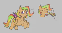 Size: 764x407 | Tagged: safe, artist:otl crafts, derpibooru import, oc, oc:anon, oc:mangoes, unofficial characters only, bat pony, pony, /create/, bat pony oc, bat wings, digital art, eating, flying, food, image, multicolored mane, pizza, png, slit pupils, wings