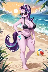 Size: 3072x4608 | Tagged: prompter needed, source needed, suggestive, ai content, derpibooru import, machine learning assisted, machine learning generated, starlight glimmer, anthro, unicorn, g4, beach, beach ball, bikini, breasts, busty starlight glimmer, clothes, female, glasses, horn, image, jpeg, solo, solo female, sunglasses, sunset, swimsuit