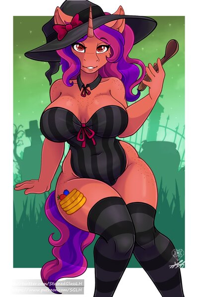 Size: 1269x1899 | Tagged: suggestive, artist:stainedglasslighthea, ponerpics import, oc, unofficial characters only, anthro, breasts, clothes, female, halloween, hat, holiday, image, jpeg, leotard, one-piece swimsuit, socks, solo, solo female, stockings, swimsuit, thigh highs, wide hips, witch hat