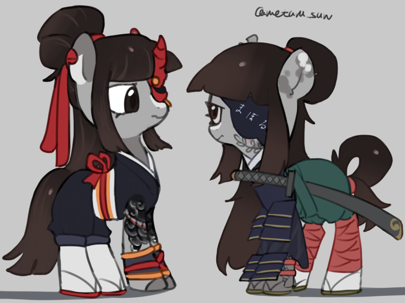 Size: 4096x3072 | Tagged: safe, artist:metaruscarlet, derpibooru import, oc, oc:ohasu, unofficial characters only, earth pony, pony, clothes, earth pony oc, eyepatch, gray background, horn, image, japanese, katana, kimono (clothing), mask, moon runes, png, simple background, spotted, sword, tattoo, text, weapon, zouri