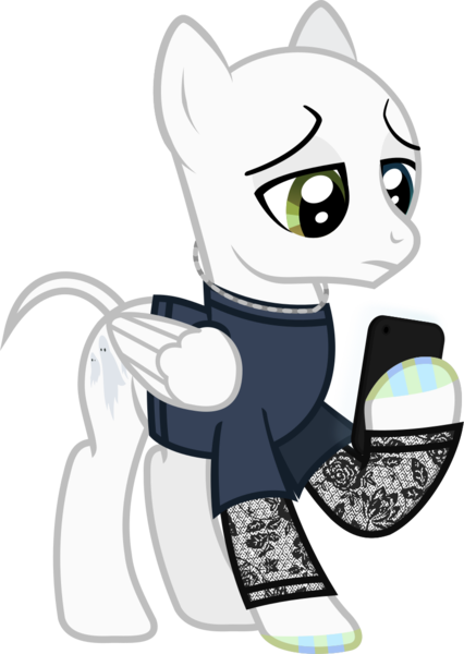 Size: 844x1188 | Tagged: safe, artist:lightningbolt, derpibooru import, ponified, pegasus, pony, .svg available, awsten knight, bald, bald tail, clothes, derpibooru exclusive, folded wings, frown, heterochromia, hoof hold, hoof polish, image, jewelry, lidded eyes, long sleeves, looking down, male, mobile phone, necklace, phone, png, raised hoof, shaved head, show accurate, simple background, smartphone, solo, stallion, standing, tail, transparent background, vector, waterparks, wings