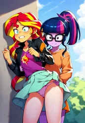 Size: 704x1024 | Tagged: suggestive, ai content, derpibooru import, machine learning generated, prompter:egupskirt00, sci-twi, sunset shimmer, twilight sparkle, equestria girls, g4, assisted exposure, clothes, cutie mark, embarrassed, female, image, jpeg, lesbian, molestation, panties, personal space invasion, pink underwear, public, skirt, skirt lift, standing, underwear, upskirt