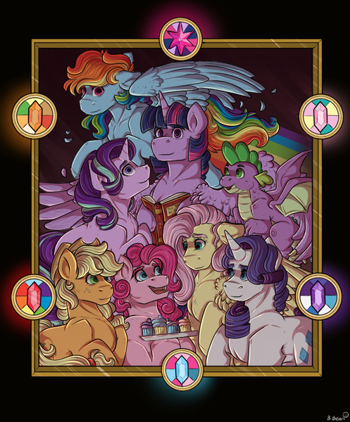 Size: 888x1072 | Tagged: safe, artist:binibean, derpibooru import, applejack, fluttershy, pinkie pie, rainbow dash, rarity, spike, starlight glimmer, twilight sparkle, dragon, earth pony, pegasus, pony, unicorn, g4, cupcake, female, food, horn, image, jpeg, looking at you, male, mane seven, mane six, mare, smiling, smiling at you, winged spike, wings