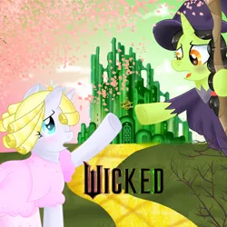 Size: 3000x3000 | Tagged: safe, artist:doraeartdreams-aspy, derpibooru import, broomhilda, ponified, pony, unicorn, g4, elphaba, glinda, glinda the good witch, horn, image, png, poster, poster parody, the wizard of oz, wicked, wicked (movie), wicked witch of the west