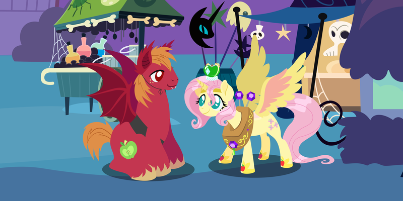 Size: 4320x2160 | Tagged: safe, anonymous artist, derpibooru import, big macintosh, fluttershy, earth pony, pegasus, pony, series:fm holidays, g4, alicorn costume, alternate hairstyle, bat pony costume, clothes, costume, crown, duo, fake ears, fake horn, fake teeth, fake wings, female, fluttermac, halloween, halloween 2024, high res, holiday, hoof shoes, horse collar, image, jewelry, lineless, looking at each other, looking at someone, male, mare, nightmare night, nightmare night costume, no pupils, png, ponyville, princess shoes, regalia, shipping, short mane, sitting, smiling, smiling at each other, spread wings, stallion, straight, wings