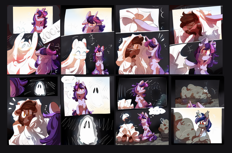 Size: 4550x3000 | Tagged: safe, artist:pakmur, derpibooru import, oc, oc:autumn rosewood, oc:dreaming bell, oc:dreaming star, unofficial characters only, ghost, pegasus, pony, undead, unicorn, bush, comic, commission, horn, image, joke, png, sad, scare, ych result