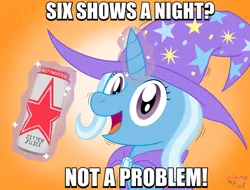 Size: 2048x1556 | Tagged: safe, artist:wingcommanderrudoji, derpibooru import, trixie, pony, unicorn, g4, bust, caffeine, can, cape, caption, clothes, drink, energy drink, female, glow, glowing horn, hat, horn, image, image macro, levitation, looking at you, magic, magic aura, mare, open mouth, open smile, orange background, png, portrait, rockstar energy drink, simple background, smiling, solo, telekinesis, text, trixie's cape, trixie's hat