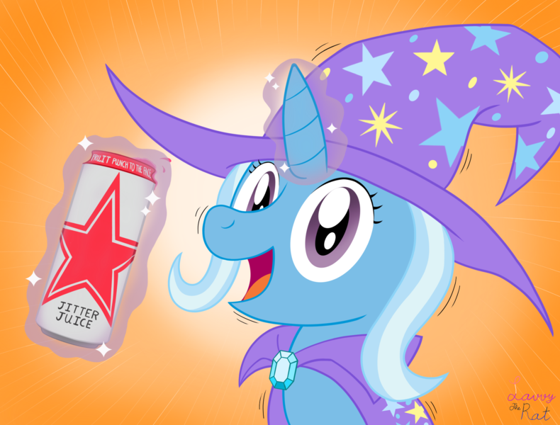 Size: 2048x1556 | Tagged: safe, alternate version, artist:wingcommanderrudoji, derpibooru import, trixie, pony, unicorn, g4, bust, caffeine, can, cape, clothes, drink, energy drink, female, glow, glowing horn, hat, horn, image, levitation, looking at you, magic, magic aura, mare, open mouth, open smile, orange background, png, portrait, rockstar energy drink, simple background, smiling, solo, telekinesis, textless, textless version, trixie's cape, trixie's hat