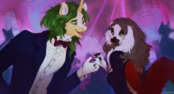 Size: 1375x750 | Tagged: safe, artist:pea2, derpibooru import, oc, oc:arwe, unofficial characters only, anthro, unicorn, bust, clothes, dance floor, dancing, female, furry, horn, image, male, png, suit