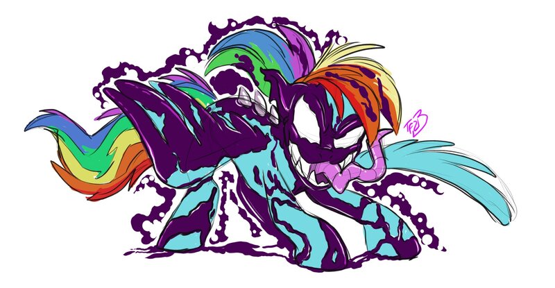 Size: 1920x997 | Tagged: safe, artist:nanook123, derpibooru import, rainbow dash, pegasus, pony, g4, crossover, evil, female, image, jpeg, long tongue, looking at you, marvel, simple background, solo, symbiote, symbiote pony, teeth, tongue out, transformation, venom, white background