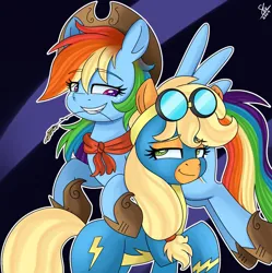 Size: 678x680 | Tagged: safe, artist:galaxy swirl, derpibooru import, applejack, rainbow dash, earth pony, pegasus, pony, g4, appledash, applejack's hat, bandana, boots, clothes, costume, cowboy boots, cowboy hat, cowgirl outfit, female, goggles, hat, image, jpeg, lesbian, nightmare night, nightmare night costume, shipping, shoes, smiling, smirk, straw, uniform, wonderbolts uniform