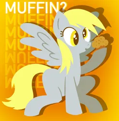 Size: 2772x2811 | Tagged: safe, artist:catponything, derpibooru import, derpy hooves, pegasus, pony, g4, female, food, image, mare, muffin, open mouth, png, sitting, smiling, solo, spread wings, text, wings