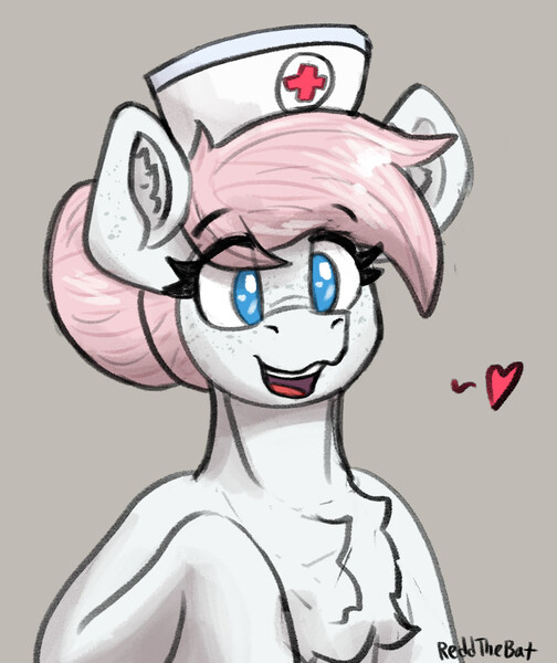 Size: 867x1032 | Tagged: safe, artist:reddthebat, derpibooru import, nurse redheart, earth pony, pony, g4, bust, chest fluff, ear fluff, eye clipping through hair, eyebrows, eyebrows visible through hair, female, gray background, heart, image, jpeg, looking at you, mare, no pupils, open mouth, open smile, signature, simple background, smiling, smiling at you, solo, spoken heart