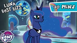 Size: 720x404 | Tagged: safe, derpibooru import, official, princess luna, alicorn, pony, female, folded wings, hmm, image, mare, my little pony logo, peytral, png, uncanny valley, wings, youtube thumbnail