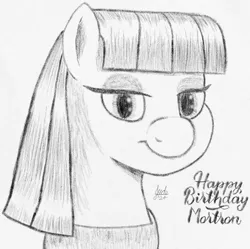 Size: 1244x1238 | Tagged: safe, artist:bjsampson, derpibooru import, maud pie, earth pony, g4, female, happy birthday, image, looking at you, monochrome, png, simple background, sketch, solo, text, white background