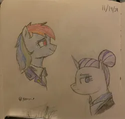 Size: 2951x2819 | Tagged: safe, artist:ponerr, derpibooru import, rainbow dash, rarity, pony, bust, colored, horn, image, jpeg, traditional art