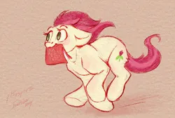 Size: 1280x858 | Tagged: safe, artist:amishy, derpibooru import, roseluck, earth pony, pony, g4, behaving like a cat, female, floppy ears, image, inktober, inktober 2024, jpeg, mare, mouth hold, passport, running, solo, wind, windswept mane