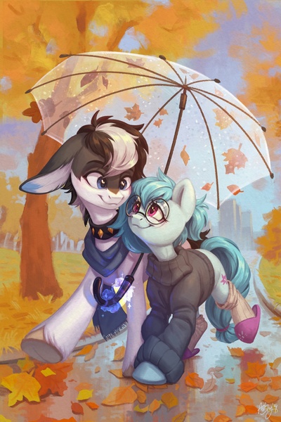 Size: 1440x2160 | Tagged: safe, artist:amishy, derpibooru import, oc, oc:whispy slippers, earth pony, pony, autumn, clothes, duo, duo male and female, female, glasses, height difference, image, jpeg, looking at each other, looking at someone, male, mare, outdoors, rain, round glasses, scarf, slippers, smiling, smiling at each other, socks, sweater, umbrella