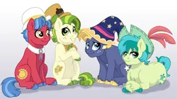 Size: 11953x6746 | Tagged: safe, artist:liv-and-b-merry, derpibooru import, biscuit, pistachio, sandbar, star tracker, earth pony, pony, g4, cute, gradient background, group, hat, image, lying down, male, pistachiaww, png, quartet, sitting, stallion