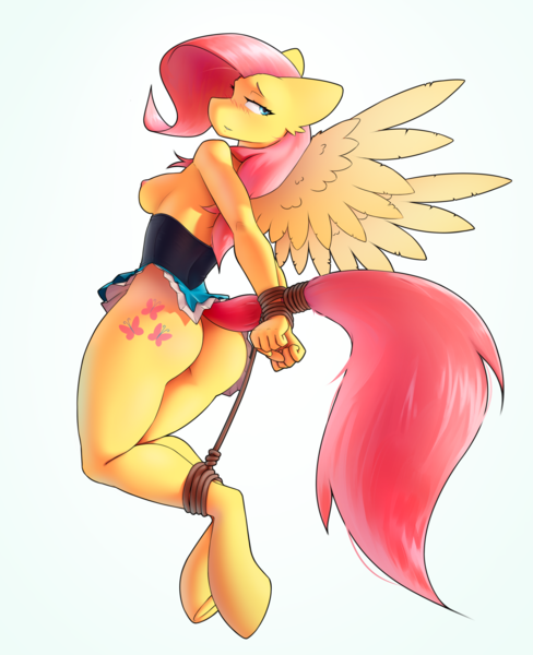 Size: 2600x3200 | Tagged: questionable, artist:4m4i, derpibooru import, fluttershy, anthro, pegasus, unguligrade anthro, g4, ass, blushing, bondage, breasts, butt, clothes, commando, commission, female, image, looking away, nipples, nudity, png, rear view, side view, sideboob, simple background, skirt, solo, solo female, tail, tied tail, wings