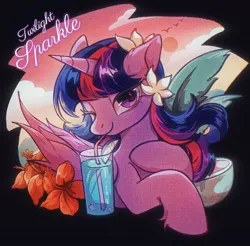 Size: 1627x1600 | Tagged: safe, artist:tkotu434, derpibooru import, twilight sparkle, twilight sparkle (alicorn), alicorn, bird, pony, g4, beach, black background, character name, cloud, cup, female, flower, flower in hair, image, jpeg, lime, looking at you, mare, one eye closed, simple background, sipping, smiling, solo, straw, sun, text, upper body, wink