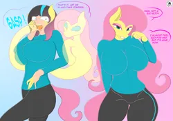 Size: 7056x4962 | Tagged: safe, artist:skyspeardraw, derpibooru import, fluttershy, anthro, human, g4, absurd resolution, big breasts, breasts, clothes, female, gradient background, huge breasts, human to anthro, image, png, possession, speech bubble, transformation