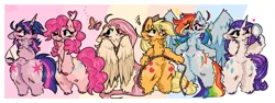 Size: 2537x956 | Tagged: safe, artist:colorfulwolfytime, derpibooru import, applejack, fluttershy, pinkie pie, rainbow dash, rarity, twilight sparkle, butterfly, earth pony, insect, pegasus, semi-anthro, unicorn, g4, belly, belly button, bipedal, blushing, eye clipping through hair, female, fluffy, hand mirror, hiding behind wing, hoof hold, horn, huge thighs, image, mane six, png, rope, unicorn twilight, unshorn fetlocks, wings