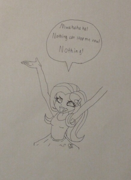 Size: 2287x3144 | Tagged: safe, anonymous artist, derpibooru import, fluttershy, human, equestria girls, g4, armpits, arms in the air, clothes, derpibooru exclusive, evil grin, evil laugh, female, grin, hands in the air, image, jpeg, laughing, monochrome, open mouth, pencil drawing, shirt, simple background, sleeveless, sleeveless shirt, smiling, solo, speech bubble, tanktop, traditional art, white background