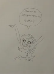 Size: 2287x3144 | Tagged: safe, anonymous artist, derpibooru import, fluttershy, human, equestria girls, g4, armpits, arms in the air, clothes, derpibooru exclusive, evil grin, evil laugh, female, grin, hands in the air, image, jpeg, laughing, monochrome, open mouth, pencil drawing, shirt, simple background, sleeveless, sleeveless shirt, smiling, solo, speech bubble, tanktop, traditional art, white background