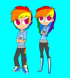 Size: 865x955 | Tagged: safe, artist:annasabi101, derpibooru import, rainbow dash, human, g4, blue background, humanized, image, jpeg, rainbow blitz, rule 63, simple background