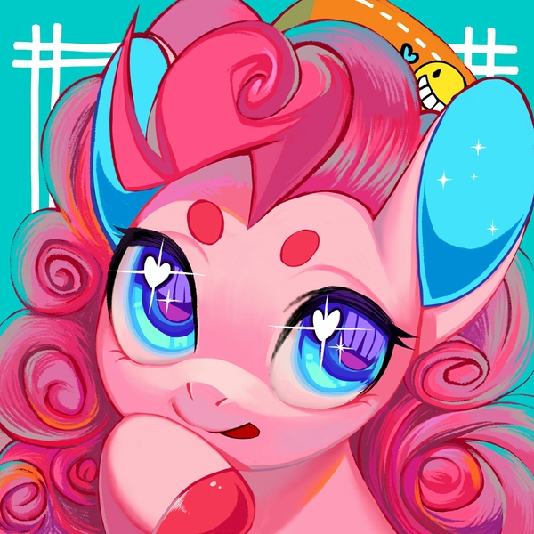 Size: 2000x2000 | Tagged: safe, artist:hiccup221, derpibooru import, pinkie pie, earth pony, pony, :p, blue background, cyan background, female, frame, heart, heart eyes, image, jpeg, mare, out of frame, simple background, smiley face, solo, tongue out, upper body, wingding eyes