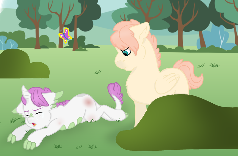 Size: 1754x1155 | Tagged: safe, artist:rainbowswetiie, derpibooru import, oc, oc:aurora (rainbowswetiie), oc:brainer, unofficial characters only, butterfly, dracony, hybrid, insect, pegasus, pony, bruised, bush, colt, crying, duo, eyes closed, female, filly, floppy ears, foal, image, interspecies offspring, lying down, male, next generation, offspring, parent:bulk biceps, parent:fluttershy, parent:rarity, parent:spike, parents:flutterbulk, parents:sparity, png, prone, sploot, tree, unamused