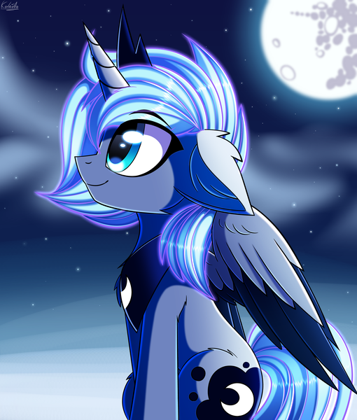 Size: 2550x3000 | Tagged: safe, artist:kaleido-art, derpibooru import, princess luna, alicorn, pony, g4, crown, cute, ear fluff, eye clipping through hair, eyebrows, eyebrows visible through hair, female, floppy ears, full moon, high res, image, jewelry, mare, mare in the moon, moon, night, night sky, outdoors, partially open wings, peytral, png, profile, regalia, s1 luna, side view, sky, smiling, solo, sweet dreams fuel, wings