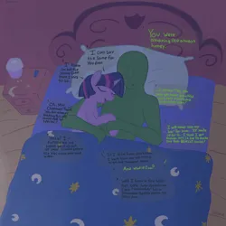 Size: 2000x2000 | Tagged: suggestive, artist:notawriteranon, derpibooru import, twilight sparkle, oc, oc:anon, human, pony, unicorn, bed, female, gilf, golden oaks library, horn, image, library, male, older, older twilight, png, twilight's bedroom, unicorn twilight