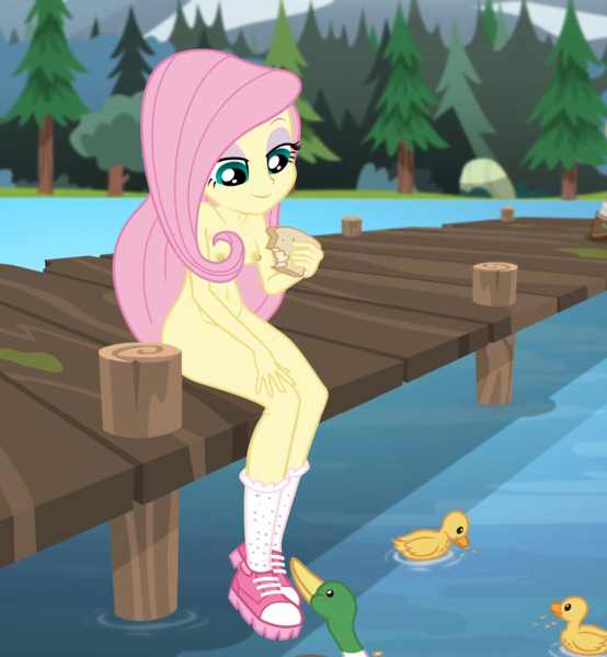 Size: 1570x1700 | Tagged: questionable, edit, edited screencap, screencap, fluttershy, bird, duck, equestria girls, legend of everfree, areola, bedroom eyes, belly button, bread, breasts, camp everfree, clothes, day, eyeshadow, feeding, female, food, forest, happy, image, lake, makeup, nipples, nudist, nudist fluttershy, nudity, outdoors, pier, png, reasonably sized breasts, shoes, shoes only, sitting, smiling, sneakers, socks, solo, technicolor nipples, tree, water