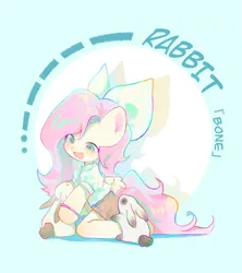 Size: 1600x1800 | Tagged: safe, artist:不可食用骨, derpibooru import, fluttershy, pegasus, pony, rabbit, semi-anthro, :d, animal, blue background, blushing, bow, circle background, clothes, cream background, cyan background, female, full body, hair bow, image, mare, open mouth, open smile, png, shirt, short sleeves, shorts, simple background, smiling, text, two toned background, white bow