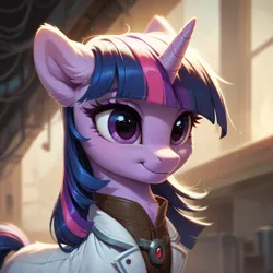 Size: 1024x1024 | Tagged: safe, ai content, derpibooru import, machine learning generated, stable diffusion, twilight sparkle, pony, unicorn, fallout equestria, g4, clothes, ear fluff, generator:pony diffusion v6 xl, horn, image, indoors, laboratory, ministry mares, ministry of arcane sciences, png, prompter:teonanakatle, solo, unicorn twilight