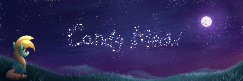 Size: 1590x530 | Tagged: safe, artist:candy meow, derpibooru import, oc, oc:candy meow, unofficial characters only, pegasus, pony, ear fluff, female, field, grass, image, looking up, mare, moon, night, night sky, pegasus oc, png, sitting, sky, solo, stars, text, wings