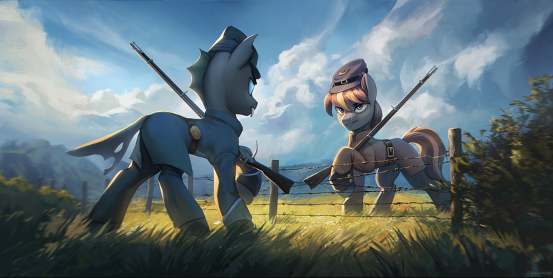 Size: 2170x1094 | Tagged: safe, artist:mrscroup, derpibooru import, changeling, earth pony, equestria at war mod, barbed wire, confederate, fence, gun, image, png, rifle, weapon