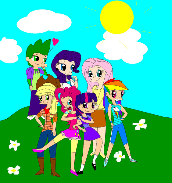 Size: 1064x1131 | Tagged: safe, artist:annasabi101, derpibooru import, applejack, fluttershy, pinkie pie, rainbow dash, rarity, spike, twilight sparkle, human, 1000 hours in ms paint, female, human spike, humanized, image, jpeg, male, mane seven, mane six, outdoors, shipping, sparity, straight