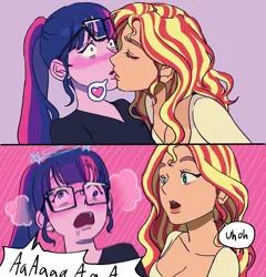 Size: 1920x2000 | Tagged: safe, artist:ridovax, derpibooru import, sci-twi, sunset shimmer, twilight sparkle, human, equestria girls, g4, 2 panel comic, blushing, blushing profusely, comic, dizzy, duo, duo female, female, flustered, glasses, glasses on head, image, jpeg, kiss on the lips, kissing, lesbian, ship:sci-twishimmer, shipping, sunsetsparkle