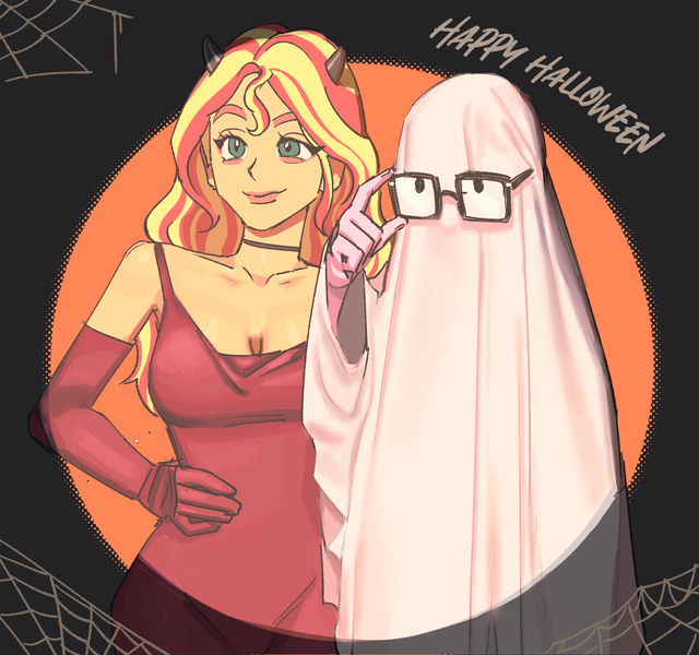 Size: 1850x1735 | Tagged: safe, artist:ridovax, derpibooru import, sci-twi, sunset shimmer, twilight sparkle, human, equestria girls, g4, bedsheet ghost, clothes, costume, devil costume, devil horns, dress, duo, duo female, evening gloves, female, ghost costume, gloves, halloween, halloween costume, happy halloween, holiday, horns, image, jpeg, lesbian, long gloves, ship:sci-twishimmer, shipping, smiling, sunsetsparkle