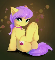 Size: 3126x3426 | Tagged: safe, artist:empress-twilight, derpibooru import, oc, oc:plum blossoms, unofficial characters only, earth pony, pony, blushing, butt, cheek fluff, chest fluff, commission, ear fluff, earth pony oc, eye clipping through hair, eyebrows, eyebrows visible through hair, female, hooves together, image, leg fluff, legs in air, looking at you, mare, plot, png, smiling, smiling at you, solo, sparkles, tail, underhoof, ych result