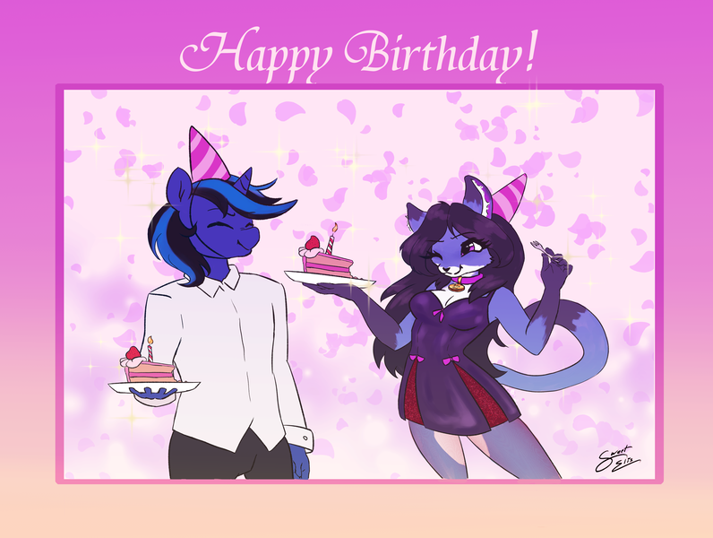 Size: 3880x2924 | Tagged: safe, artist:elisdoominika, derpibooru import, oc, oc:flavia grandville, oc:the luna fan, unofficial characters only, anthro, unicorn, birthday cake, birthday party, birthday present, cake, choker, feline, food, furry, furry oc, hat, horn, image, party, party hat, png, smiling, unicorn oc