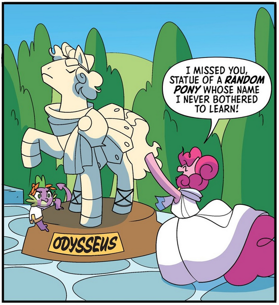 Size: 793x865 | Tagged: safe, artist:jenna ayoub, derpibooru import, idw, pinkie pie, spike, dragon, earth pony, pony, g4, spoiler:comic, clothes, cropped, female, image, male, mare, my little pony classics reimagined: the odyssey, odysseus, png, stallion, statue