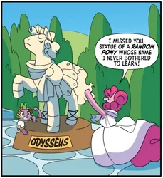 Size: 793x865 | Tagged: safe, artist:jenna ayoub, derpibooru import, idw, pinkie pie, spike, dragon, earth pony, pony, g4, spoiler:comic, clothes, cropped, female, image, male, mare, my little pony classics reimagined: the odyssey, odysseus, png, stallion, statue