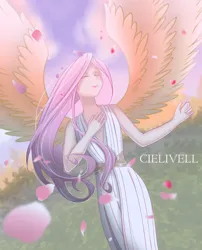 Size: 2186x2700 | Tagged: safe, artist:cielivell, derpibooru import, fluttershy, human, pegasus, g4, #solo, humanized, image, petals, png, spring