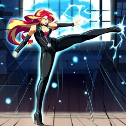 Size: 1024x1024 | Tagged: suggestive, ai content, derpibooru import, machine learning generated, novelai, prompter:shojin, stable diffusion, sunset shimmer, human, equestria girls, g4, boots, breasts, catsuit, cleavage, clothes, female, high heel boots, high heels, image, indoors, kicking, leather, magic, martial arts, png, shoes, skintight clothes, solo