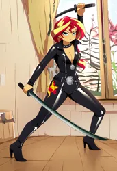 Size: 832x1216 | Tagged: safe, ai content, derpibooru import, machine learning generated, novelai, prompter:shojin, stable diffusion, sunset shimmer, human, equestria girls, g4, boots, breasts, catsuit, cleavage, clothes, duo swords, duo weapons, female, fighting stance, high heel boots, high heels, image, indoors, latex, martial arts, png, shoes, skintight clothes, solo, sword, weapon