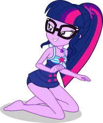 Size: 3125x3727 | Tagged: safe, alternate version, artist:dustinwatsongkx, derpibooru import, sci-twi, twilight sparkle, human, equestria girls, equestria girls series, g4, x marks the spot, bare shoulders, barefoot, clothes, equestria girls specials, feet, female, geode of telekinesis, glasses, high res, image, kneeling, magical geodes, my little pony equestria girls: better together, my little pony equestria girls: forgotten friendship, one-piece swimsuit, png, sci-twi swimsuit, simple background, sleeveless, solo, swimsuit, transparent background, vector